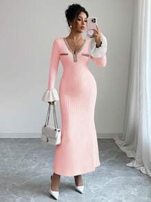 Elenzga Váy dệt kim ôm sát cổ chữ V màu tương phản thanh lịch dành cho nữ - Màu Hồng baby - Xem 4