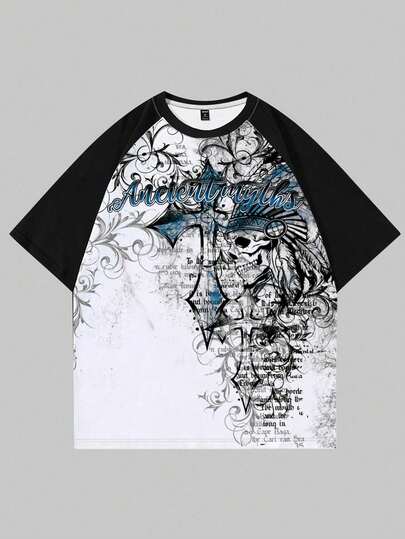 Goth Men's Cross & Skull Print Colorblock Round Neck Short Sleeve T-Shirt