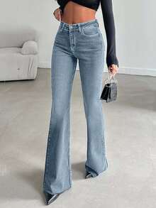 EURMUSE 99%Cotton Women's Flared Jeans With Pockets For Daily Commute And Versatile Outfits - Baby Blue - View 3