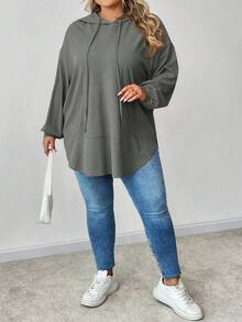 SHEIN CURVE+ 大码纯色连帽抽绳不对称下摆卫衣 - 淺灰色 - 查看 6