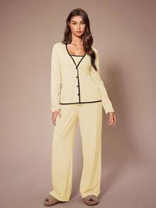 Lazeform 3件套女士休闲纯色修身长袖上衣吊带衫长裤家居服套装，秋冬服装 - 黃色 - 查看 5