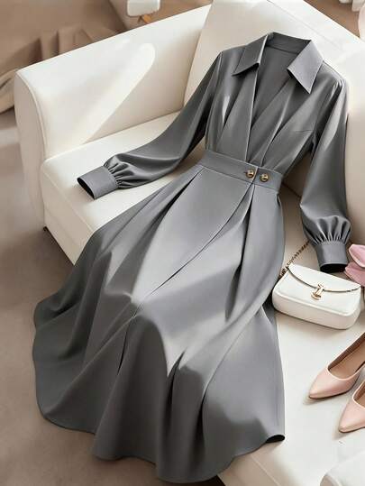 Regalyn Plus Size Women Casual Solid Color Lapel Lantern Sleeve Button Pleated Waist A-Line Dress