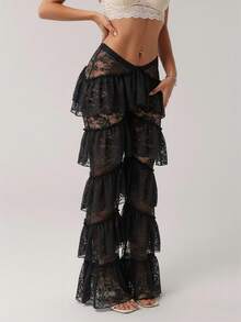 SHEIN ICON Y2k 女式 V 字前腰西部派对分层荷叶边下摆蕾丝低腰长裤 - 黑色 - 查看 7