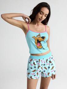 SCOOBY-DOO X SHEIN 女士舒适狗狗印花吊带背心和短裤睡衣套装，夏季卡通内衣睡衣短裤套装两件套，女士莉萝和史迪奇睡衣 - 薄荷藍 - 查看 6