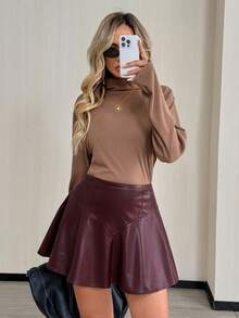 Easowa Jupe décontractée élégante pour femmes, taille cintrée, en PU, avec ourlet à volants, pour l'automne/l'hiver - Tabac - Voir 6