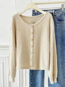 GlowEve 女士金属纽扣装饰宽圆领长袖T恤，休闲宽松，秋冬款 - 杏色 - 查看 5