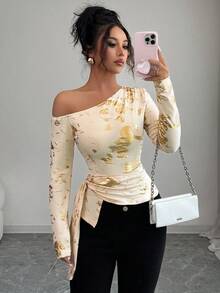 Elenzga 大码女式箔肩不对称下摆长袖时尚T恤 - 杏色 - 查看 6