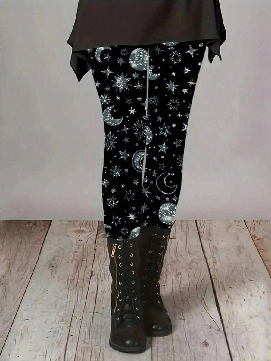 EMERY ROSE Large Casual Leggings - Women's Starry Sky Print Elastic Waist Tight Fitness Leggings, Suitable For All Seasons - Grey - View 1