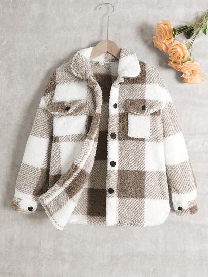 SHEIN Jachetă groasă cu mânecă lungă, pentru fete, stil universitar, casual, în carouri, jacquard, cu rever, nasturi, buzunar aplicat, pentru fete