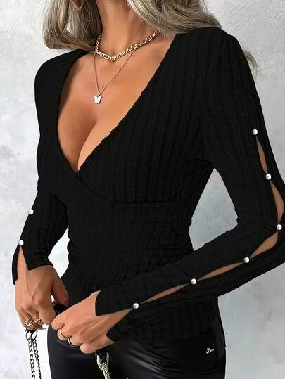 EMERY ROSE V-Neck Slim Fit Ribbed Long Sleeve Knit T-Shirt, Plus Size