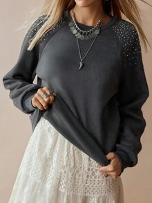 Chiquease Women's Elegant Rhinestone Embellished Sweatshirt, Autumn/Winter - Dark Grey - View 4