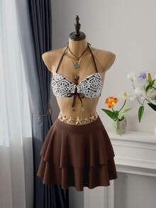 Bellisia 女士夏季度假休闲沙滩印花面料挂脖系带比基尼套装 - 黑與白 - 查看 1