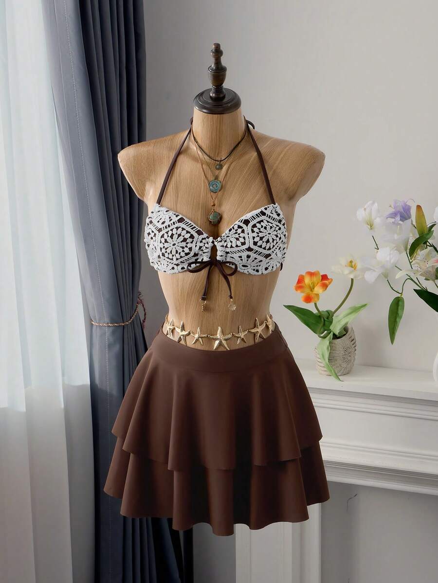 Bellisia 女士夏季度假休闲沙滩印花面料挂脖系带比基尼套装 - 黑與白 - 查看 1