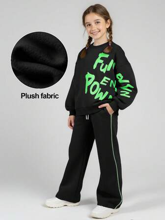 JNSQ Outfits för skolflicka för tweenflickor, set med långärmad fleecetröja och byxor, rund halsringning, överdimensionerad tröja med bokstavstryck, i kombination med lösa mjukisbyxor med raka ben, 2-delat set