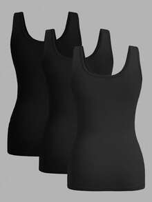 EMERY ROSE 3pcs Casual Solid Black Camisole Tops, Slim Fit, Suitable For Summer Outings And Layering - Black - View 2