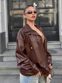 EURMUSE RueChic PU Leather Stylish Hidden-Fly Detailed Women's Jacket - Chocolate Brown - View 4