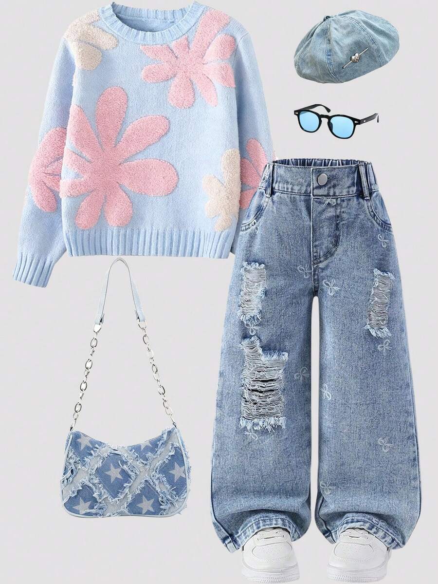 SHEIN 年轻女孩复古水洗中蓝色做旧宽松直筒牛仔裤,面料柔软舒适,休闲百搭 - 中等水洗藍 - 查看 1
