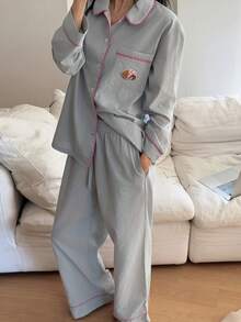 DAZY 2pcs Dog Pattern Striped Contrast Trim Loose Long Sleeve Women Pajama Set, Fall & Winter Clothes - Blue - View 3