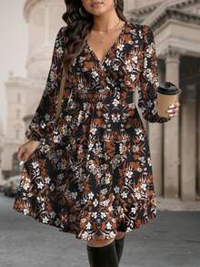 EMERY ROSE Plus Size Women's Fashion Casual V-Neck Printed Dress - Multicolor - View 3