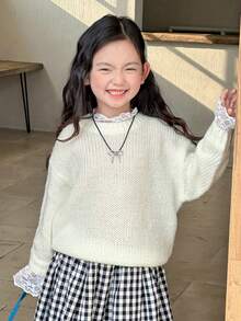 Dazy Kids Maglione a maniche lunghe con collo rotondo, con inserti in pizzo, per ragazze, autunnale - Beige - Visualizzare 5