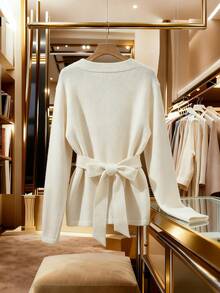 GlowEve New V-Neck Dropped Shoulder Long Sleeve Casual Knit Cardigan Sweater - White - View 8