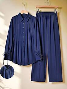 Rusticease 两件套女士褶裥前开襟长袖上衣和松紧腰阔腿裤套装 - 藏蓝色 - 查看 7