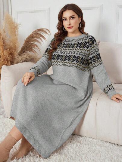 Modelyn Plus Size Women Geometric Pattern Round Neck Long Sleeve Casual Knitted Sweater Dress, Autumn/Winter
