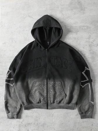 Street Life Sudadera holgada de estilo corto con bordado de diamantes brillantes lavada para hombres