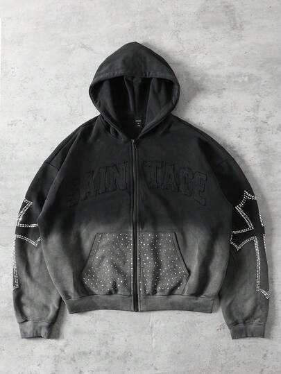 Street Life Sudadera holgada de estilo corto con bordado de diamantes brillantes lavada para hombres