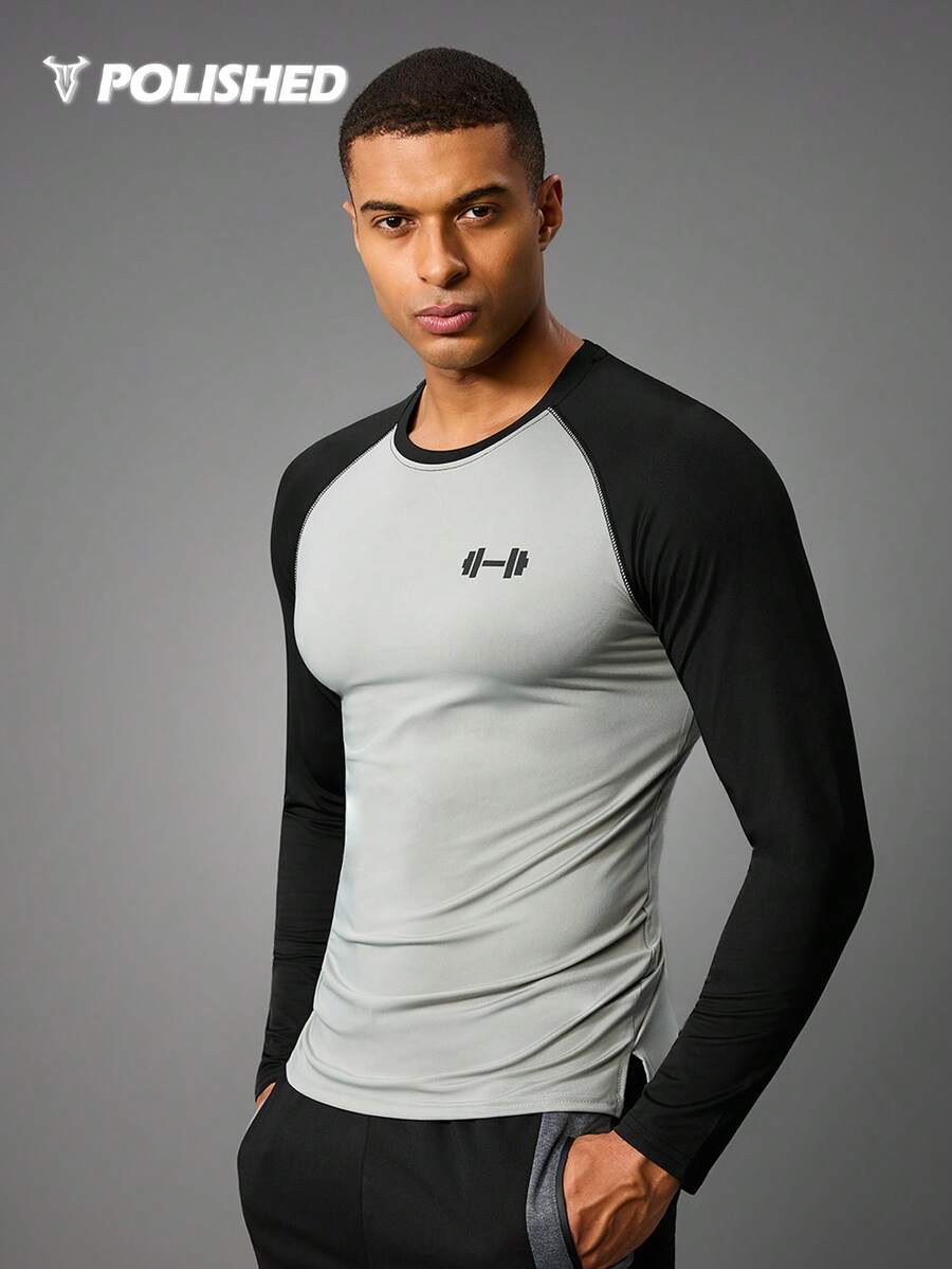 Acti Log Boyfriend Style Men Color Block Raglan Sleeve Sports Tee Workout Tops Long Sleeve Shirt Workout Tops Gym Top Fall Fall Breathable Fitted Shirt Fall Crew Neck - Grey - View 1