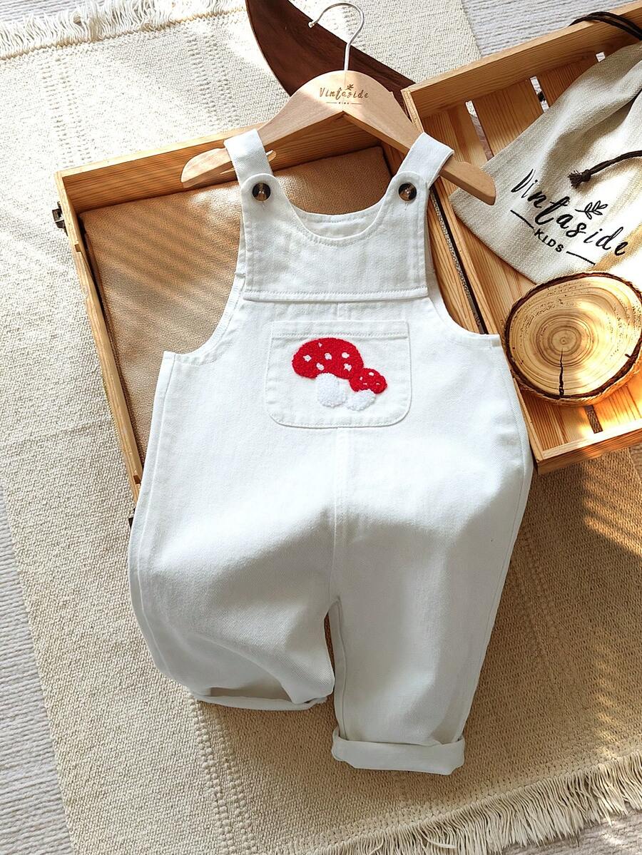 Vintaside Kids 女婴无袖时尚简约西式毛巾绣水洗牛仔连体裤,舒适透气,适合露营和居家穿着,秋季必备。 - 白色 - 查看 1
