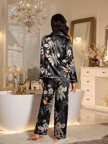 LuxeNights 植物印花仿丝绸翻领长袖上衣和裤子睡衣套装，女士秋冬服装