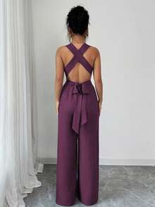 Selianne V领系带阔腿连体裤，蓝色，女士连身裤，休闲夏季装，女士度假装 - 中紫紅色 - 查看 2