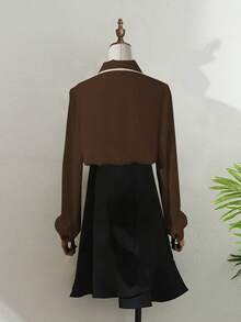 Franclia 优雅修身翻领褶裥前襟纽扣长袖卡其色女式衬衫，春秋季 - 棕色 - 查看 2