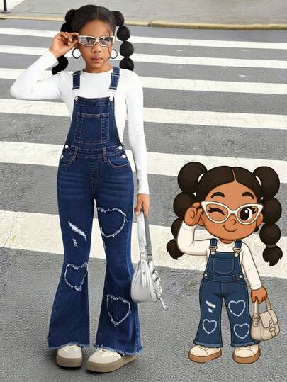 SHEIN Peto vaquero acampanado con patrón de corazones desgastado para niñas preadolescentes, Mono vaquero con corazones, Ropa de otoño para niñas preadolescentes para volver al colegio, Ropa de otoño y invierno para niñas, Conjuntos de ropa de vuelta al colegio y celebración, Conjunto de estilo Y2K para niñas, Ropa mona para niñas, Conjunto de estilo años 90 para niñas, Ropa mona