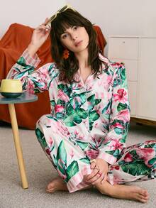 Chillnights Conjunto de pijama de seda sintética con estampado de flamencos cómodo y adecuado para estar en casa, ropa de invierno - Multicolor - Ver 4