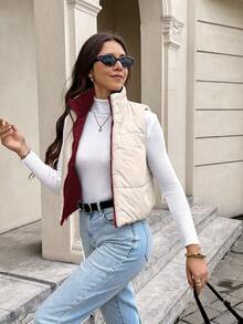 SHEIN Frenchy 女士休闲简约保暖无袖立领羽绒服，冬季 - 酒紅色 - 查看 7