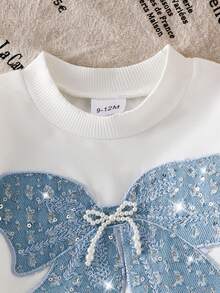 SHEIN 2pcs Baby Girls Blue Butterfly Sequin Decor Knit Crew Neck T-Shirt And Bowknot Waist Knit Pants Set, Fashion Sportswear Outfit, Autumn/Winter - White - View 7