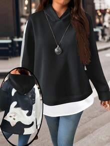 EMERY ROSE Plus Size Women Leopard Print Patchwork Long Sleeve Fleece Sweatshirt, Casual & Stylish Outerwear - Multicolor - View 1