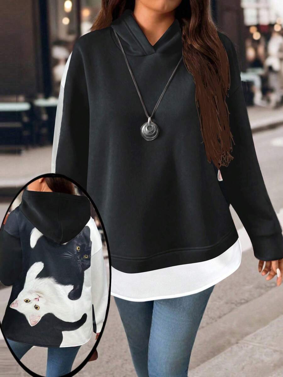 EMERY ROSE Plus Size Women Leopard Print Patchwork Long Sleeve Fleece Sweatshirt, Casual & Stylish Outerwear - Multicolor - View 1