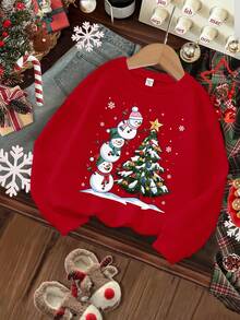 Christmas Family Set,Tween Girl Cute Red White Blue Snowman Christmas Tree Snowflake Star Print Long Sleeve Sweatshirt For Autumn,Matching Family - Red - View 3