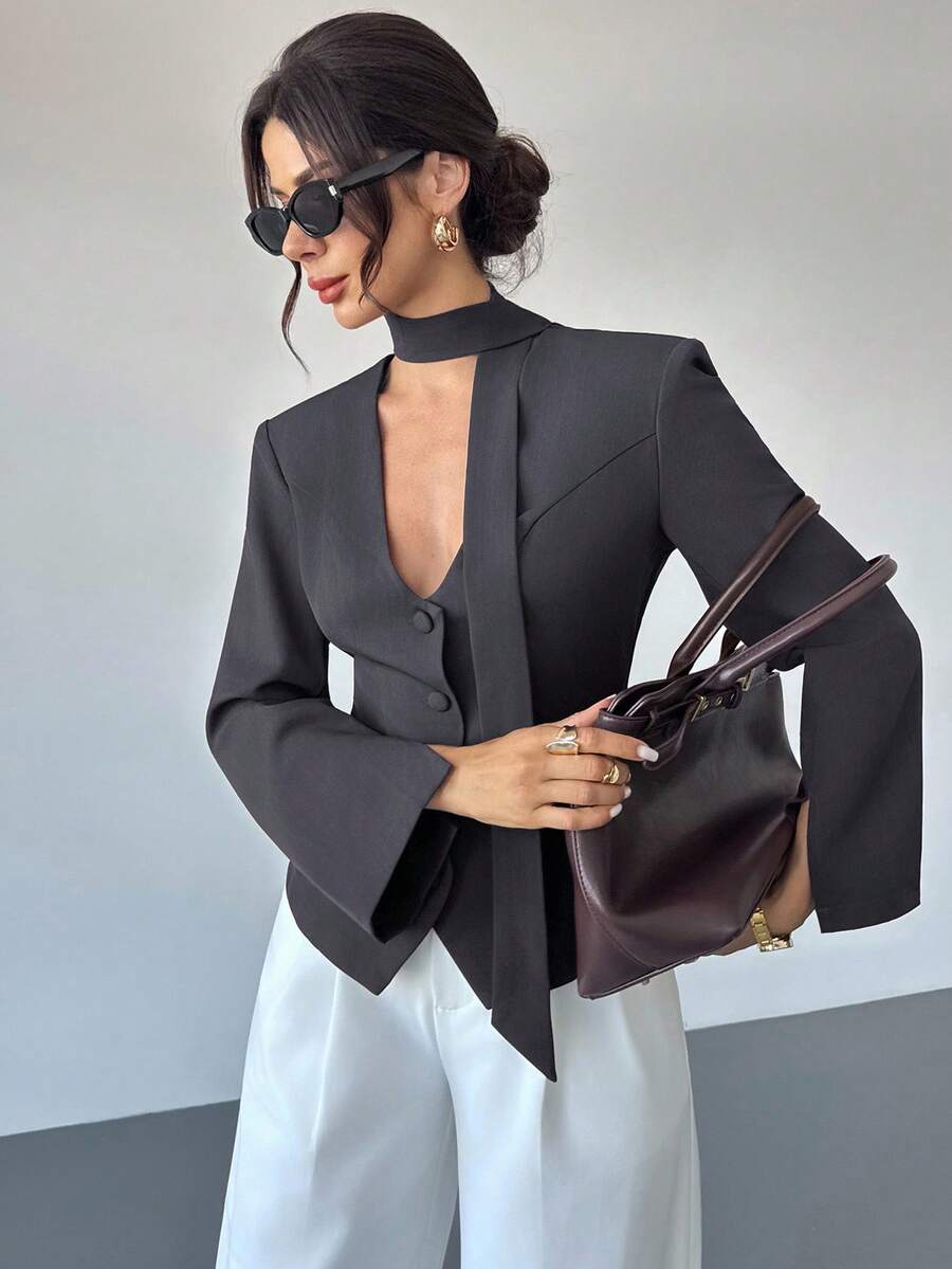 Firerie Chaqueta de traje elegante y casual de corte slim en colores populares, adecuada para negociaciones de negocios, vuelta al colegio, ir al trabajo, usar como docente, ropa de oficina, ropa de mujer para otoño/invierno, estilo elegante de otoño/marrón - Gris Oscuro - Ver 1