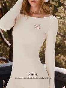 GLOWMODE FeatherFit™-Ribbed Merry Moves Soft Stretchy Sweat-Wicking Slim Fit Boat Neck Long Sleeve Top Holiday Outdoors Spring - Pearl White - View 3