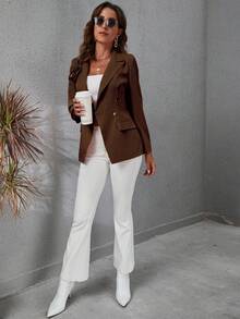 EMERY ROSE Áo blazer nữ màu trơn cổ ve áo tay dài hai hàng khuy màu nâu, áo blazer nữ, áo khoác nữ màu nâu, áo vest nữ, áo khoác công sở nữ. - Cà phê nâu - Xem 5