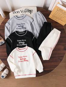 Genkimix Kids 2pcs/Set Young Boy Slogan Print Crew Neck Long Sleeve Sweatshirt And Sweatpants Casual Outfit - Multicolor - View 8