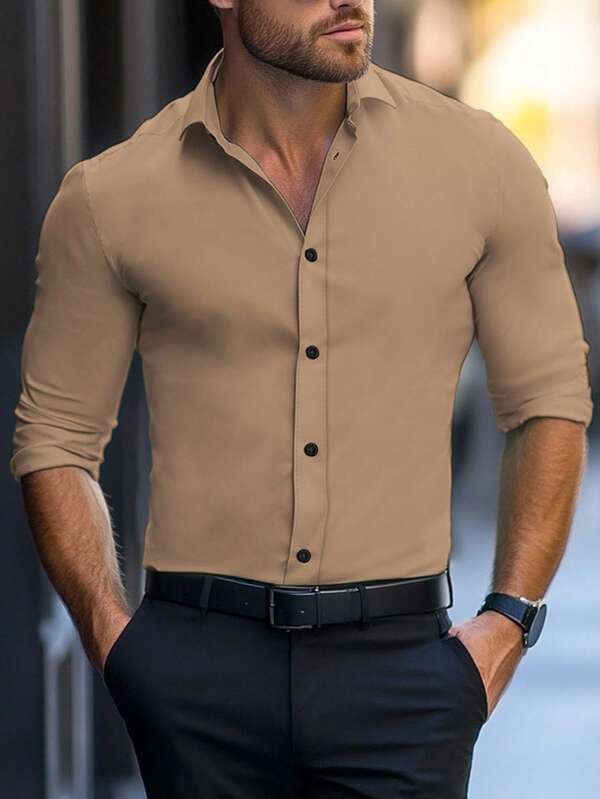 Manfinity Mode Men's Solid Color Long Sleeve Single-Breasted Casual Commuter Shirt, For Fall Khaki