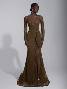 Elitara Elegant Luxurious Stretchy Lace Off-Shoulder Strapless Dress With Detachable Sheer Sleeves, Ruffle Hem And Sexy Slit, Suitable For Weddings, Events, Parties, Vacations, Galas, And Formal Occasions, Valentine's Day - Olive Green - View 1