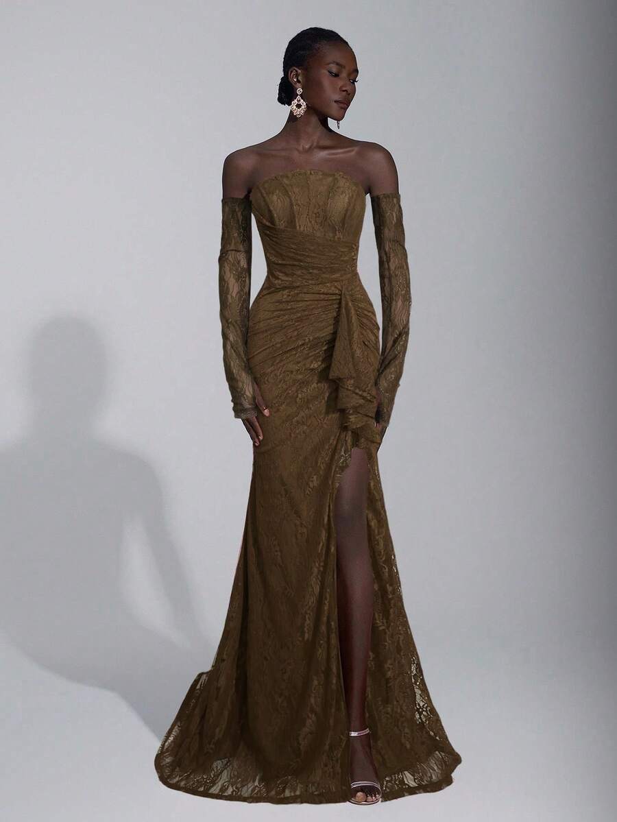 Elitara Elegant Luxurious Stretchy Lace Off-Shoulder Strapless Dress With Detachable Sheer Sleeves, Ruffle Hem And Sexy Slit, Suitable For Weddings, Events, Parties, Vacations, Galas, And Formal Occasions, Valentine's Day - Olive Green - View 1