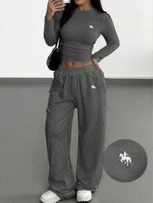 SHEIN EZwear 两件套休闲百搭深灰色T恤和裤子，大码 - 深灰色 - 查看 1