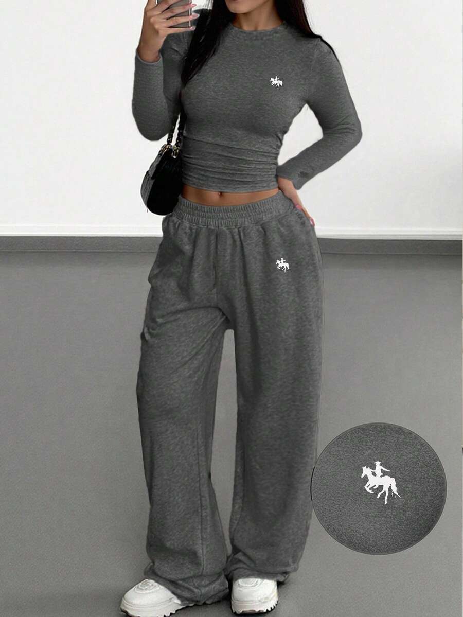 SHEIN EZwear 两件套休闲百搭深灰色T恤和裤子,大码 - 深灰色 - 查看 1
